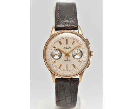 AN AVIA CHRONOGRAPH WRISTWATCH WITH 9CT HEAD, the circular face with gilt baton markers, seconds track, subsidiary constant s