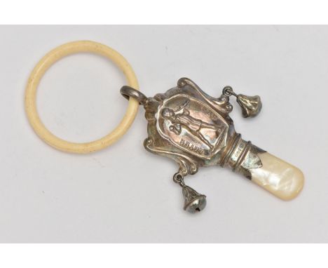 A SILVER PETER PAN BABY RATTLE, embossed portrait of Peter Pan, fitted with two bells, a bone teething ring and a mother of p