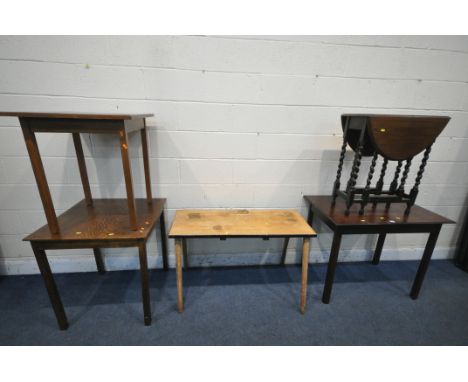 A SELECTION OF VARIOUS TABLES, to include a small 20th century oak barley twist gate leg table, open length 90cm x closed len