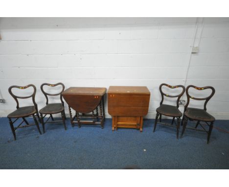 AN OAK OVAL BARLEY TWIST GATE LEG TABLE, another oak drop leaf table, with a door to one side, and a set of four oak balloon 