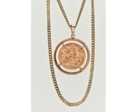 A SOVEREIGN PENDANT AND CHAIN, designed as a George V 1914 full sovereign within a circular 9ct mount suspended from a curb l