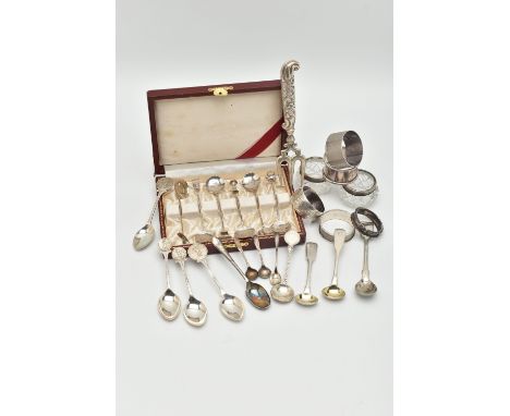 ASSORTED SILVER ITEMS, to include five silver napkin rings, approximate gross weight 78.7 grams, assorted silver spoons, incl