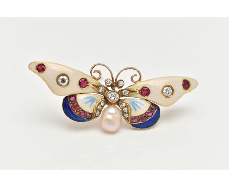 A MID CENTURY BUTTERFLY BROOCH, a yellow metal brooch with white iridescent and blue enamel detail wings, set with thirteen r