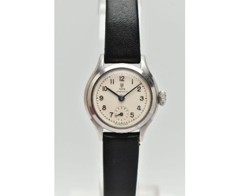 A LADYS 'TUDOR' WRISTWATCH, manual wind, round white dial signed 'Tudor Oyster', Arabic numerals, subsidiary dial at the six 