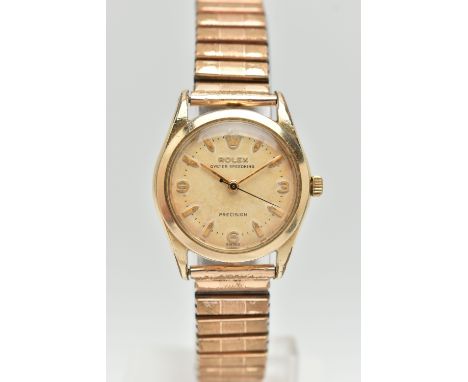 A BOXED GOLD PLATED 'ROLEX' WRISTWATCH, manual wind, round discoloured dial signed 'Rolex Oyster Speedking, Precision', Baton