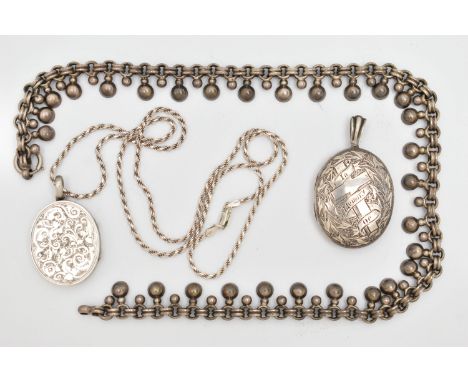 TWO LATE VICTORIAN SILVER LOCKETS AND CHAIN, both lockets of oval design, the first engraved with a cross and the words 'In M