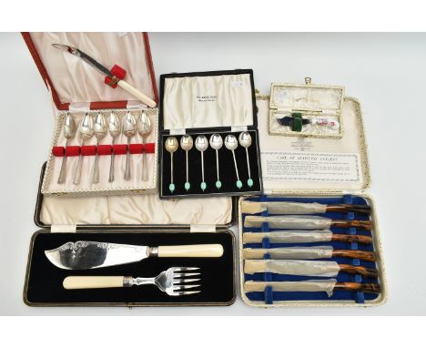 A SELECTION OF MAINLY CUTLERY, to include a cased silver fish knife and fork server set, hallmark for CH Beatson, Sheffield 1