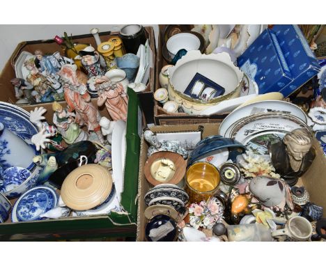 FOUR BOXES OF CERAMICS AND SUNDRY ITEMS, to include a small collection of blue and white dinner wares, to include George Jone