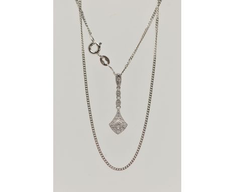 A 9CT WHITE GOLD DIAMOND NECKLACE, eight round brilliant cut diamonds grain set in a drop pendant, suspended from a curb chai