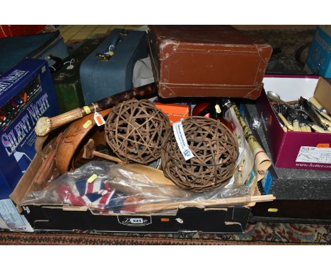 A QUANTITY OF TYPEWRITERS, SUITCASES, HOUSEHOLD SUNDRIES, CHRISTMAS LIGHTS, ETC, including a horn handled walking stick, loos