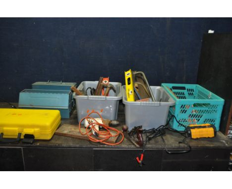 THREE BOXES AND A TOOLBOX CONTAINING TOOLS including a vintage Black and Decker drill, a Torq Smart charger (both untested), 