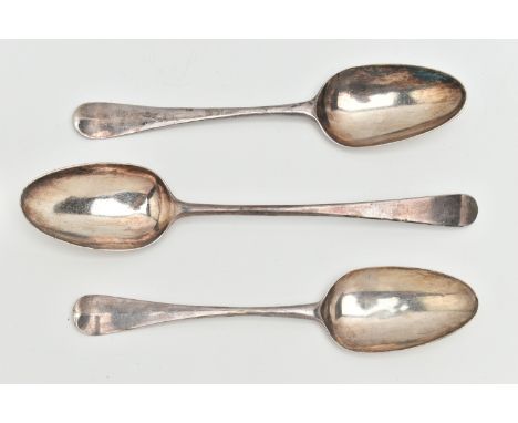 THREE SILVER SPOONS, to include an old English pattern table spoon, hallmarked London 1784, markers mark rubbed, length 22.5c