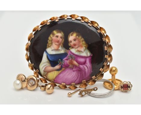 ASSORTED JEWELLERY, to include a painted portrait brooch, in a yellow metal rope twist surround, stamped 9ct, fitted with a b