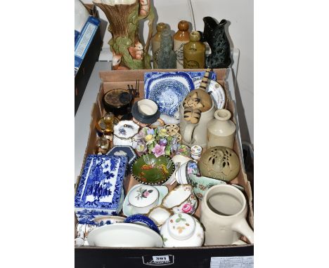 TWO BOXES AND LOOSE CERAMICS, to include a large Eastgate Pottery 'Fauna' jug, height 28cm, an oriental celadon glazed bowl p