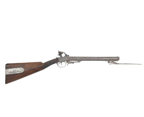 A Highly Unusual Irish 16-Bore Flintlock D.B. Carbine With Spring Bayonet By Pattison, Dublin, Early 19th CenturyWith browned