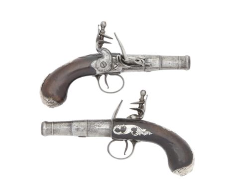 A Pair Of 22-Bore Flintlock Silver-Mounted Turn-Off Pocket Pistols By W. Birkell, London, Circa 1745, Silver Maker's Mark JAW