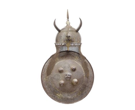 A Persian Steel Kulah Khud, And Associated DhalQajar, 19th CenturyThe first with domed skull etched with calligraphic cartouc