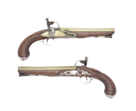 A pair Of 18-Bore Flintlock Silver-Mounted Pistols With Brass Barrels And Locks By Bennett, Royal Exchange, London, London Si