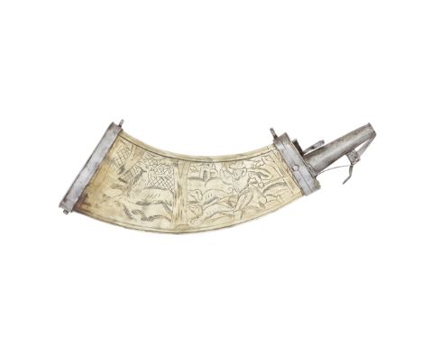 A German Powder-FlaskCirca 1600With cowhorn body of curved flattened form, the front incised with a blackened stag hunting sc