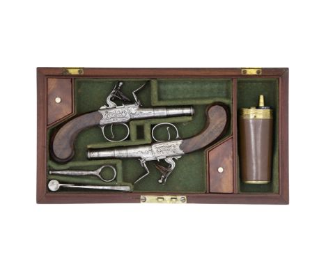 A Cased Pair Of 54-Bore Flintlock Box-Lock PistolsBy W. Guy, London, Circa 1760With turn-off cannon barrels, breeches engrave