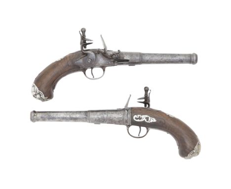 A Pair Of 20-Bore Flintlock Silver-Mounted Turn-Off PistolsBy Markall, London, Early 18th CenturyWith cannon barrels, breeche