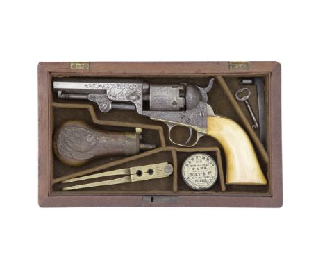 A Cased 1849 Model Pocket Percussion Revolver With Factory Engraved DecorationNo. 105762. For 1855Engraved by the Gustave You