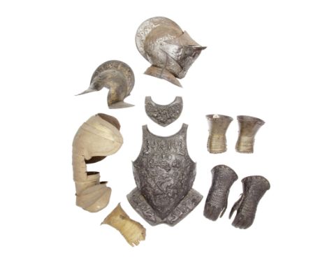 Various Elements Of Armour17th Century And LaterComprising a vambrace for the right arm, with pauldron of eight overlapping p