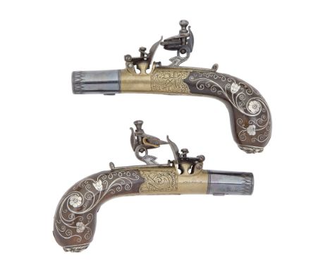 A Pair Of 40-Bore Flintlock Box-Locket Pocket PistolsSigned Mayes, Norwich, Circa 1820With reblued turn-off barrels each engr