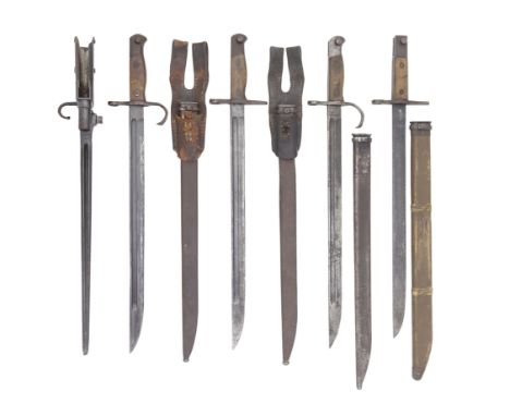 Five Japanese WWII Period BayonetsComprising a 1911 Model type 44 folding bayonet for cavalry carbines, with hinged muzzle mo