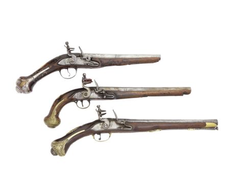 Three Turkish Flintlock Holster Pistols19th CenturyThe first of 22-bore, with two-stage barrel, foliate engraved flat bevelle