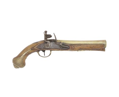 A Flemish Flintlock Brass-Mounted Blunderbuss-PistolLate 18th CenturyWith brass barrel engraved with lines around the ellipti