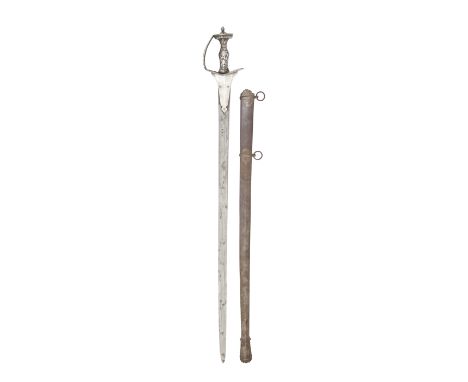 An Indian Silver Decorated FirangiLate 18th CenturyWith earlier European single-edged blade (areas of light pitting) double-e