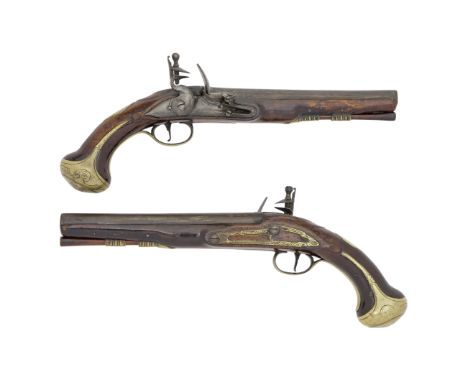 A Pair Of 22-Bore Flintlock Brass-Mounted PistolsBy Collumbell, London, Mid-18th CenturyWith rebrowned swamped barrels each s