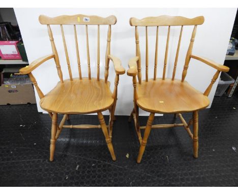 Pair of Pine Stick Back Carver Chairs 