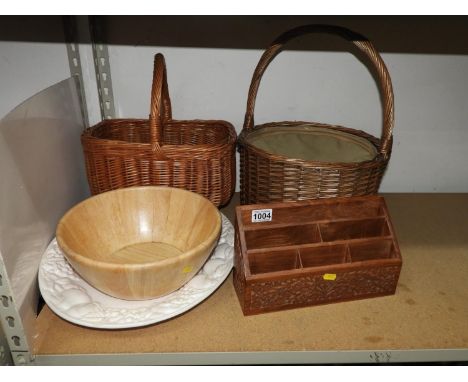 Insulated Wicker Basket Hamper, Large Meat Plate and Treen Letter Rack etc 