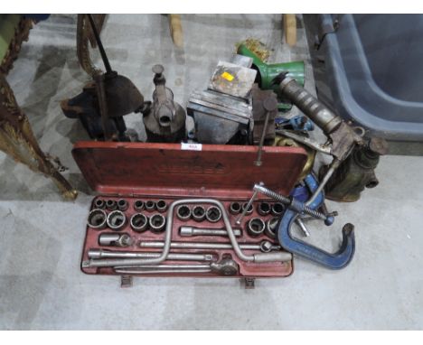 A selection of tools etc including G clamps, vices and socket set