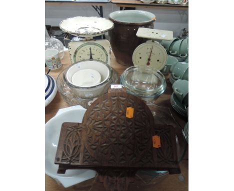 A selection of kitchen wares including two scale sets and grain bin
