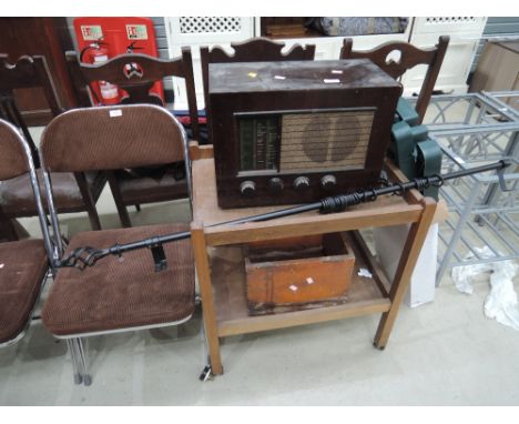 A selection of items including valve radio, curtain pole and tea trolley