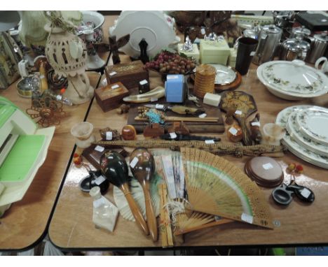 A selection of treen wood items including clock and figures
