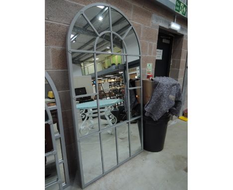 A pair of extra large grey pained arch top mirrors