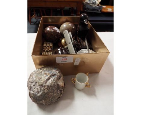 A bone inlaid horn snuff box, a lignum needle box, a boxwood patch box, two marble orbs etc  