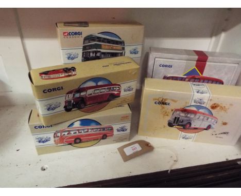 Six boxed Corgi die cast model buses and coaches comprising of Leyland Tiger in Red and White Services Ltd livery No. 97213, 