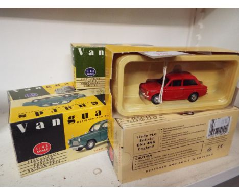 Six boxed Vanguards 1:43 and 1:64 scale diecast vehicles comprising a Ford Anglia van in Benzole livery no.VA4009, a Ford Tha