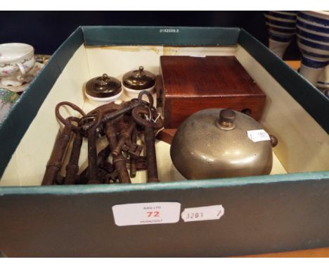 An early oak and brass doorbell, vintage light switches, large keys etc