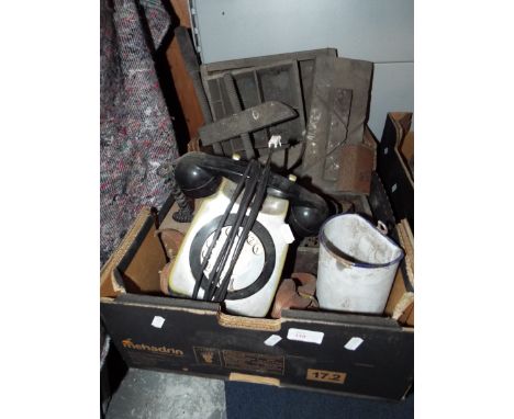Miscellaneous items to include a 1980s dial telephone wooden clamp, enamel ware, wooden trays, fixings etc