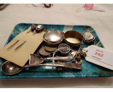 A mixed selection of silver and white metal items to include silver spoon, patch box, three penny pieces, WMF shovel, brooche