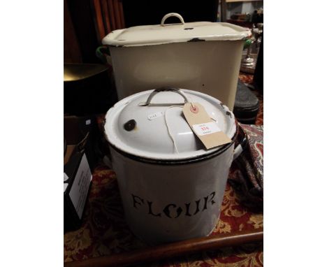 A 1950's cream enamel bread bin with windmill decoration together with an enamel flour bin