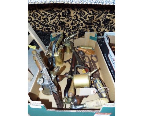 A selection of vintage tools to include blow lamps, shears, spirit level etc