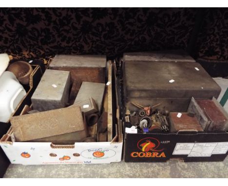 Two boxes of vintage engineer's tools and accessories to include punches, taps, dies, threaders, copper rivets, fixings etc