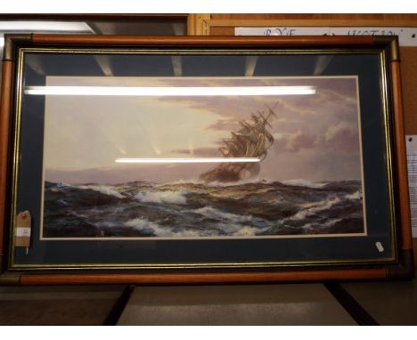 After MONTAGUE DAWSON large print of a tall ship at sea, signature in print to lower left, framed